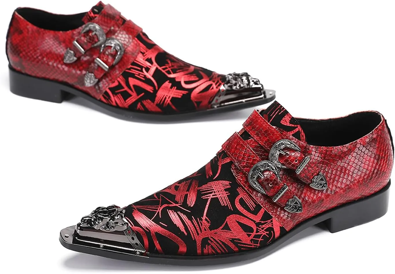 Santimon Men's Metal Tip Toe Loafers-Stylish Mens Dress Slip-Ons for Wedding, Party, Prom-Leather Casual Shoes with Double Buckle and Floral