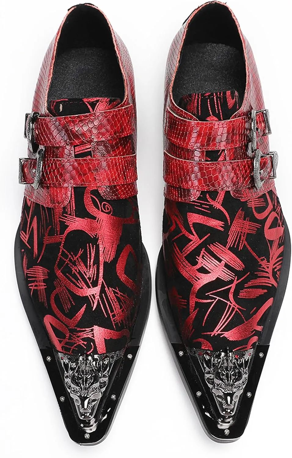 Santimon Men's Metal Tip Toe Loafers-Stylish Mens Dress Slip-Ons for Wedding, Party, Prom-Leather Casual Shoes with Double Buckle and Floral