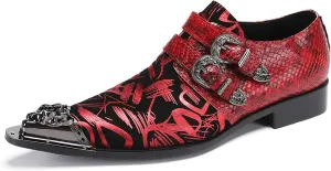 Santimon Men's Metal Tip Toe Loafers-Stylish Mens Dress Slip-Ons for Wedding, Party, Prom-Leather Casual Shoes with Double Buckle and Floral