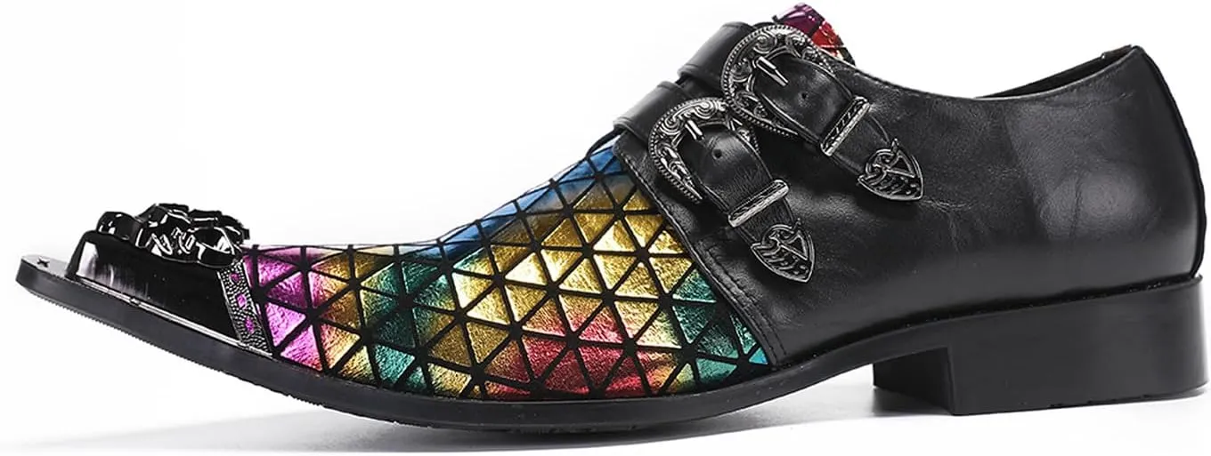 Santimon Men's Metal Tip Toe Loafers-Stylish Mens Dress Slip-Ons for Wedding, Party, Prom-Leather Casual Shoes with Double Buckle and Floral