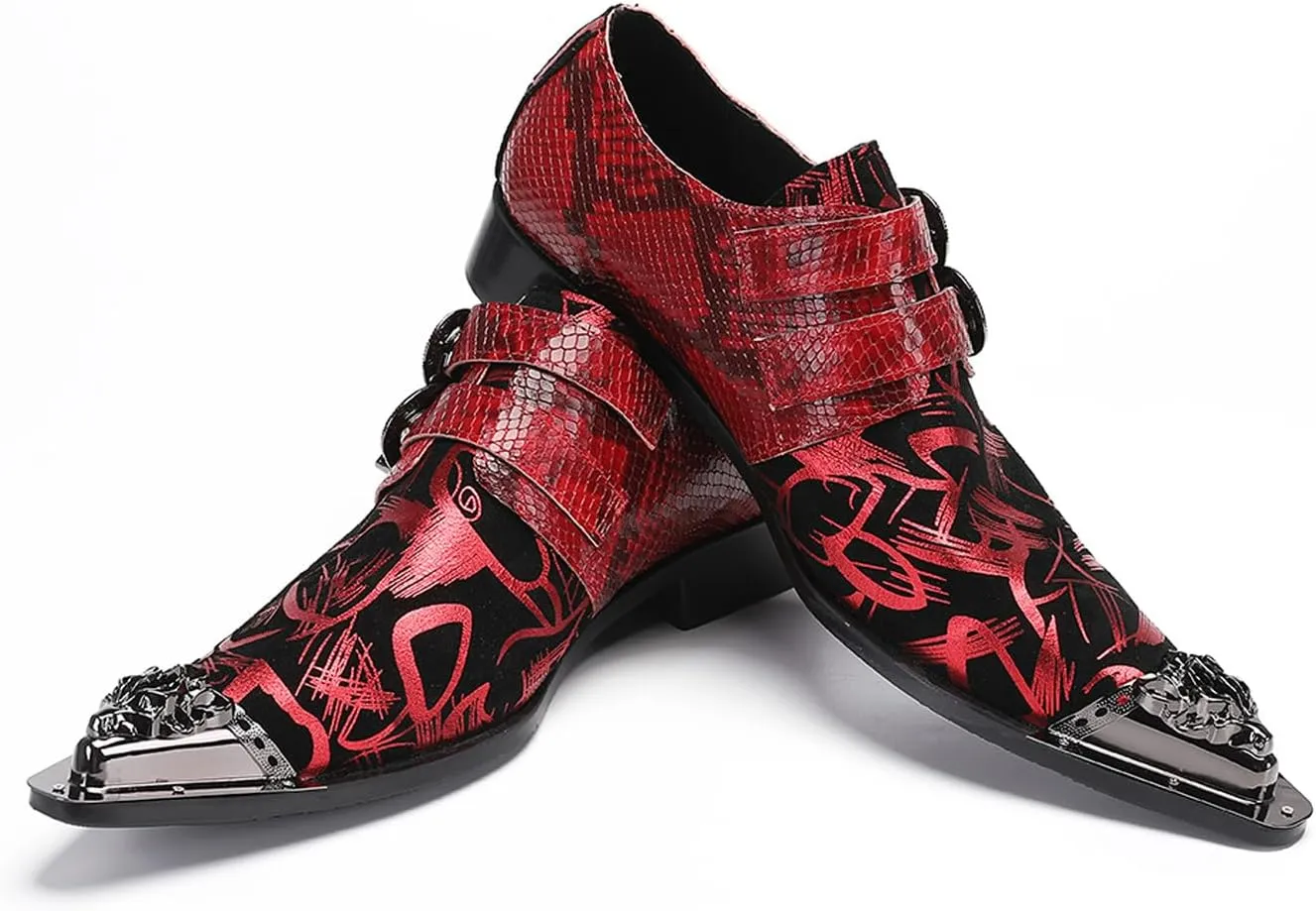 Santimon Men's Metal Tip Toe Loafers-Stylish Mens Dress Slip-Ons for Wedding, Party, Prom-Leather Casual Shoes with Double Buckle and Floral