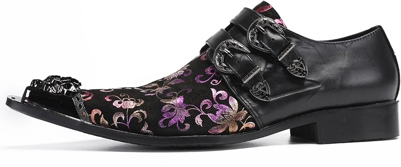 Santimon Men's Metal Tip Toe Loafers-Stylish Mens Dress Slip-Ons for Wedding, Party, Prom-Leather Casual Shoes with Double Buckle and Floral