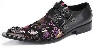 Santimon Men's Metal Tip Toe Loafers-Stylish Mens Dress Slip-Ons for Wedding, Party, Prom-Leather Casual Shoes with Double Buckle and Floral