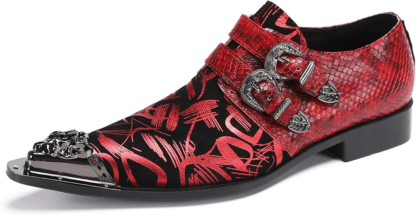 Santimon Men's Metal Tip Toe Loafers-Stylish Mens Dress Slip-Ons for Wedding, Party, Prom-Leather Casual Shoes with Double Buckle and Floral