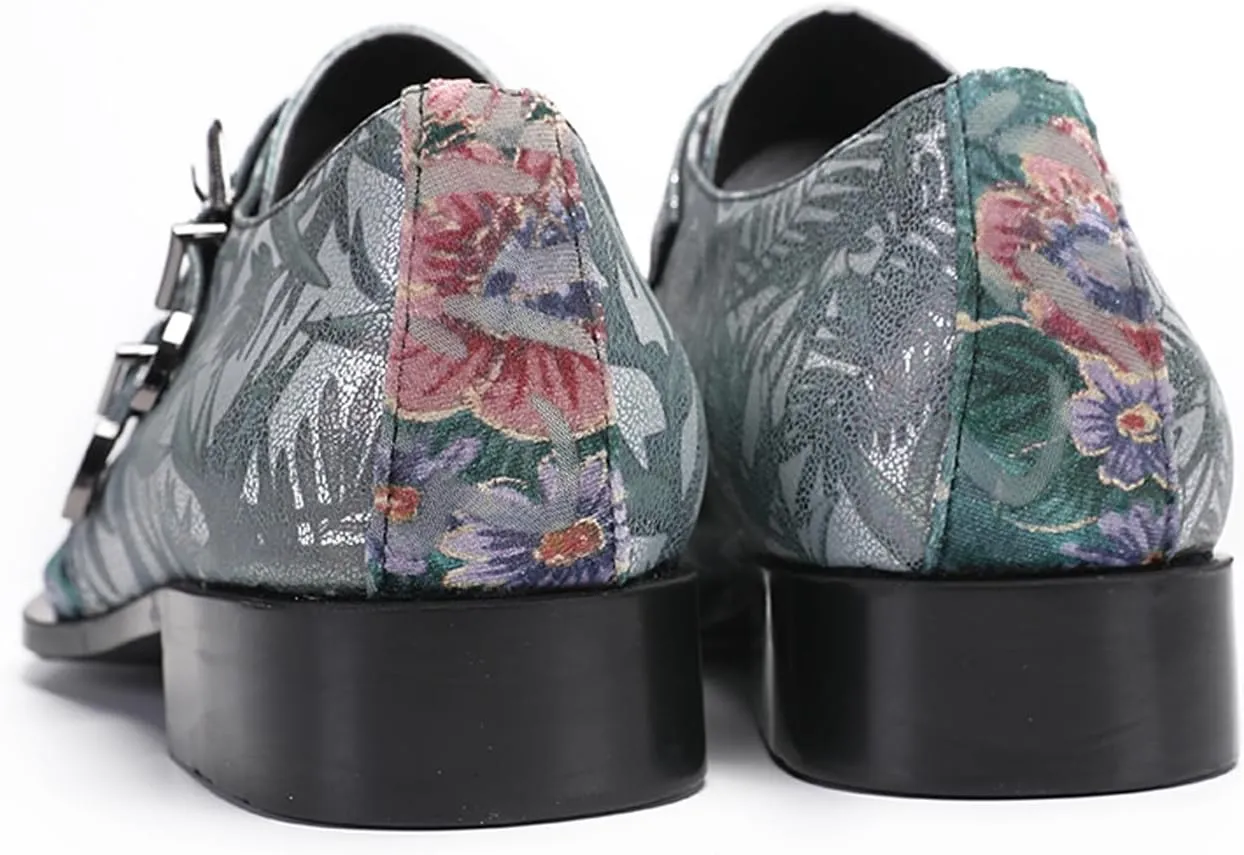 Santimon Men's Metal Tip Toe Loafers-Stylish Mens Dress Slip-Ons for Wedding, Party, Prom-Leather Casual Shoes with Double Buckle and Floral