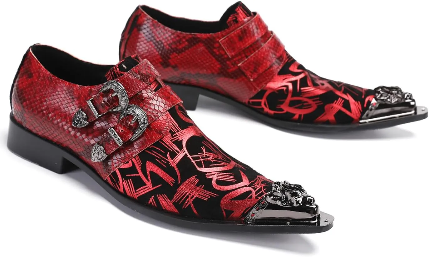 Santimon Men's Metal Tip Toe Loafers-Stylish Mens Dress Slip-Ons for Wedding, Party, Prom-Leather Casual Shoes with Double Buckle and Floral