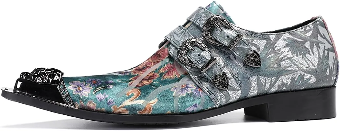 Santimon Men's Metal Tip Toe Loafers-Stylish Mens Dress Slip-Ons for Wedding, Party, Prom-Leather Casual Shoes with Double Buckle and Floral