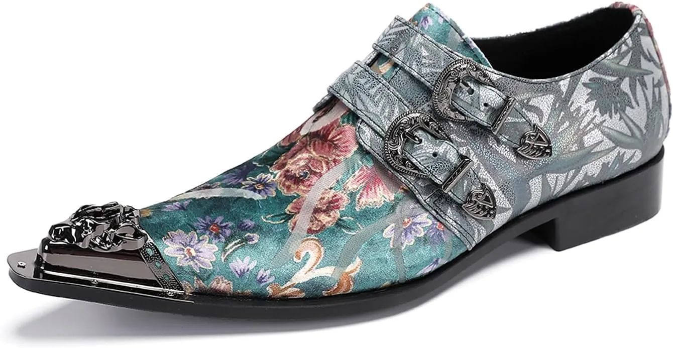 Santimon Men's Metal Tip Toe Loafers-Stylish Mens Dress Slip-Ons for Wedding, Party, Prom-Leather Casual Shoes with Double Buckle and Floral