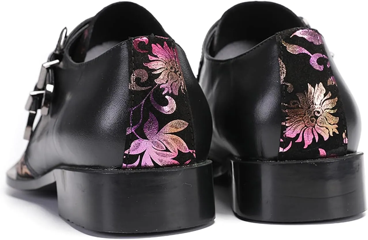 Santimon Men's Metal Tip Toe Loafers-Stylish Mens Dress Slip-Ons for Wedding, Party, Prom-Leather Casual Shoes with Double Buckle and Floral