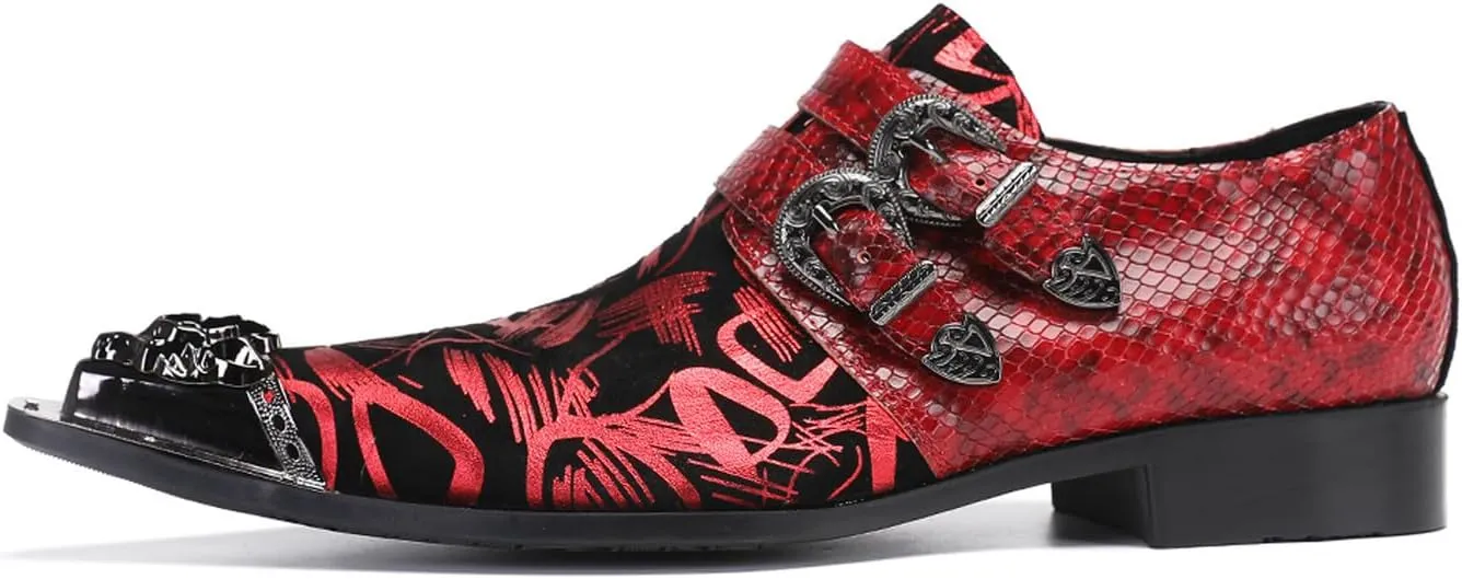 Santimon Men's Metal Tip Toe Loafers-Stylish Mens Dress Slip-Ons for Wedding, Party, Prom-Leather Casual Shoes with Double Buckle and Floral