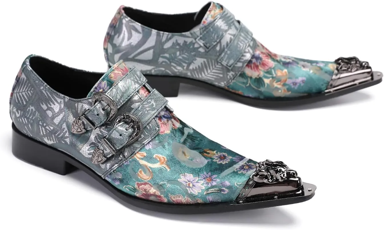 Santimon Men's Metal Tip Toe Loafers-Stylish Mens Dress Slip-Ons for Wedding, Party, Prom-Leather Casual Shoes with Double Buckle and Floral