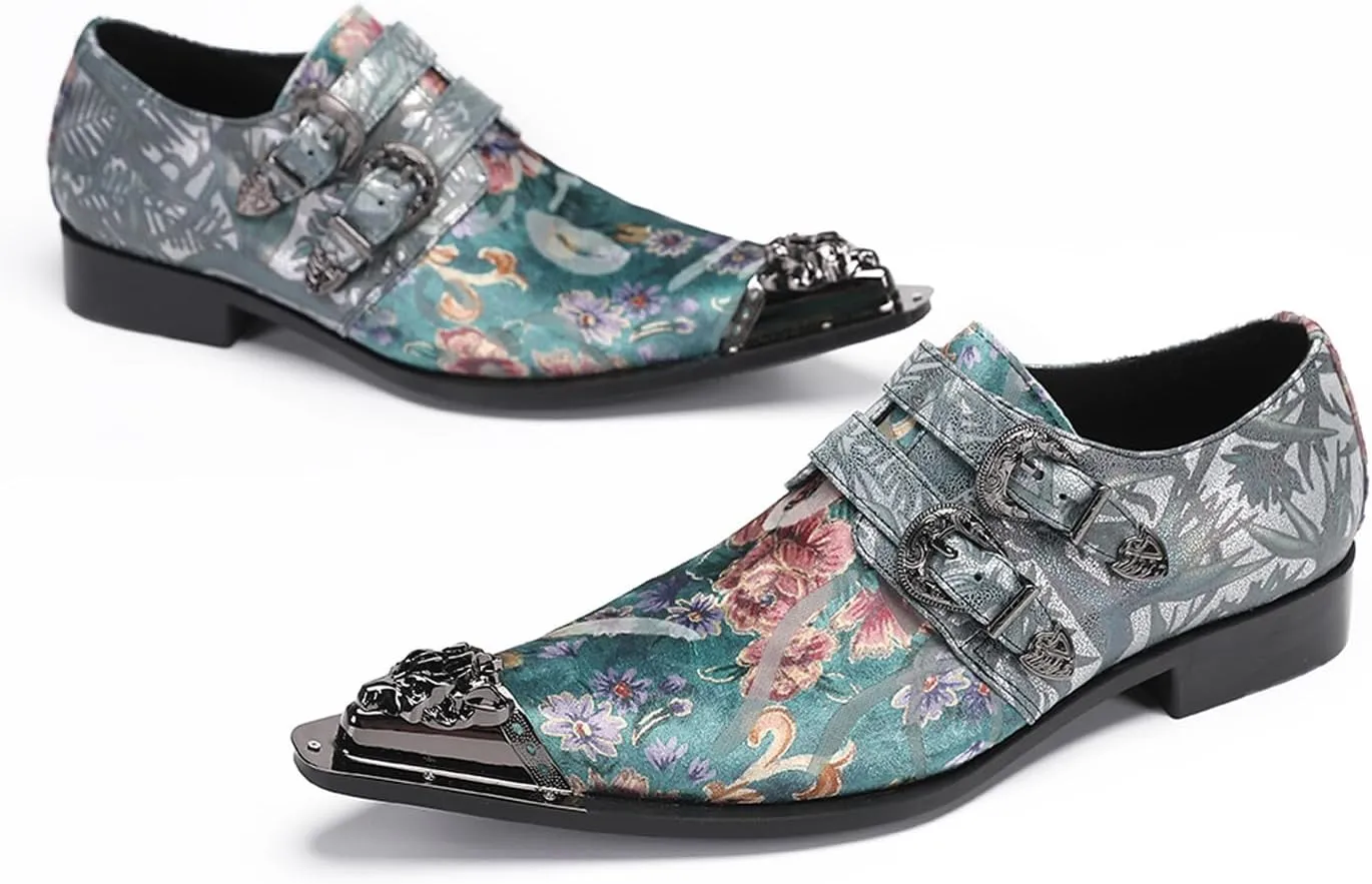 Santimon Men's Metal Tip Toe Loafers-Stylish Mens Dress Slip-Ons for Wedding, Party, Prom-Leather Casual Shoes with Double Buckle and Floral
