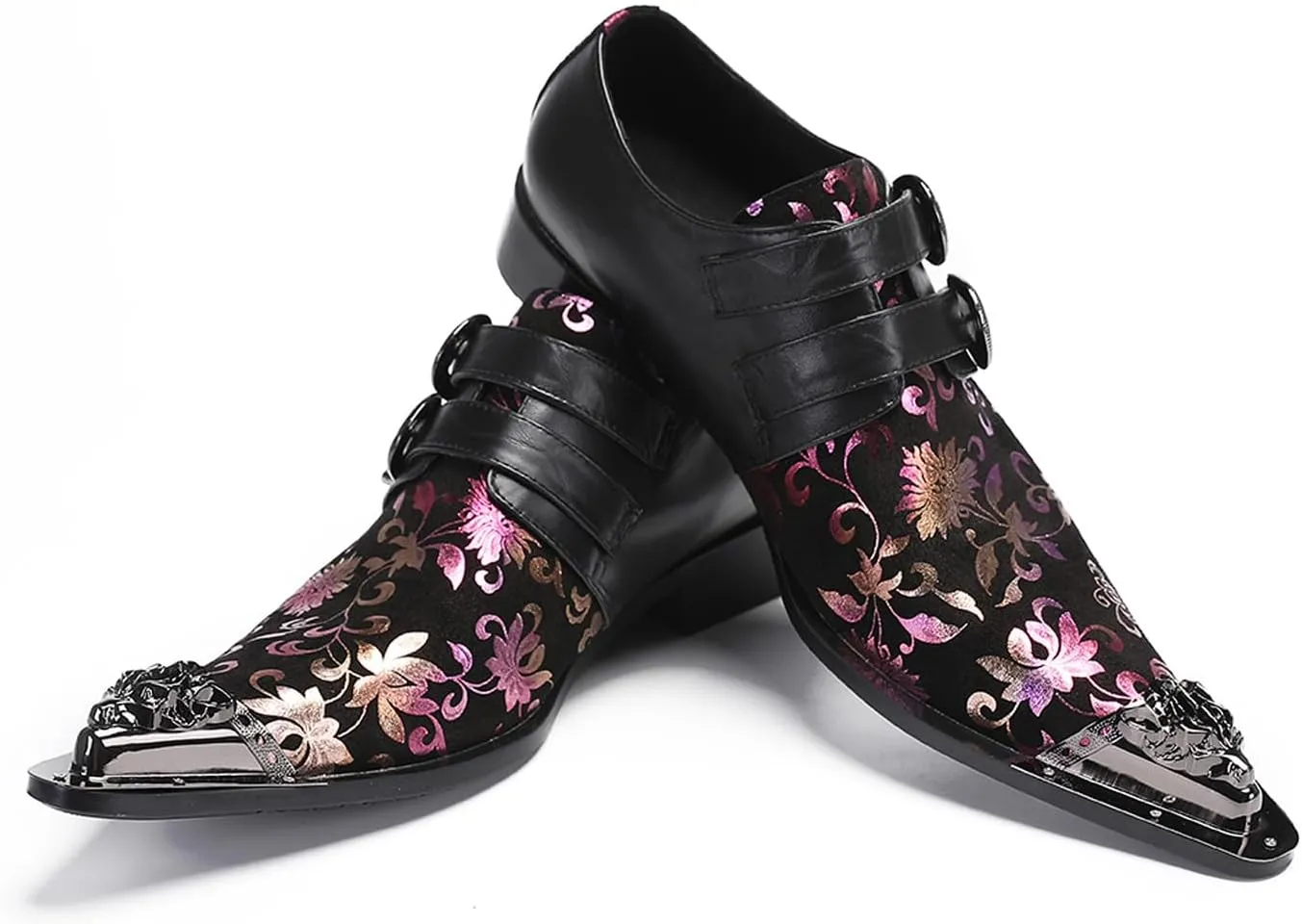 Santimon Men's Metal Tip Toe Loafers-Stylish Mens Dress Slip-Ons for Wedding, Party, Prom-Leather Casual Shoes with Double Buckle and Floral