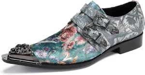 Santimon Men's Metal Tip Toe Loafers-Stylish Mens Dress Slip-Ons for Wedding, Party, Prom-Leather Casual Shoes with Double Buckle and Floral