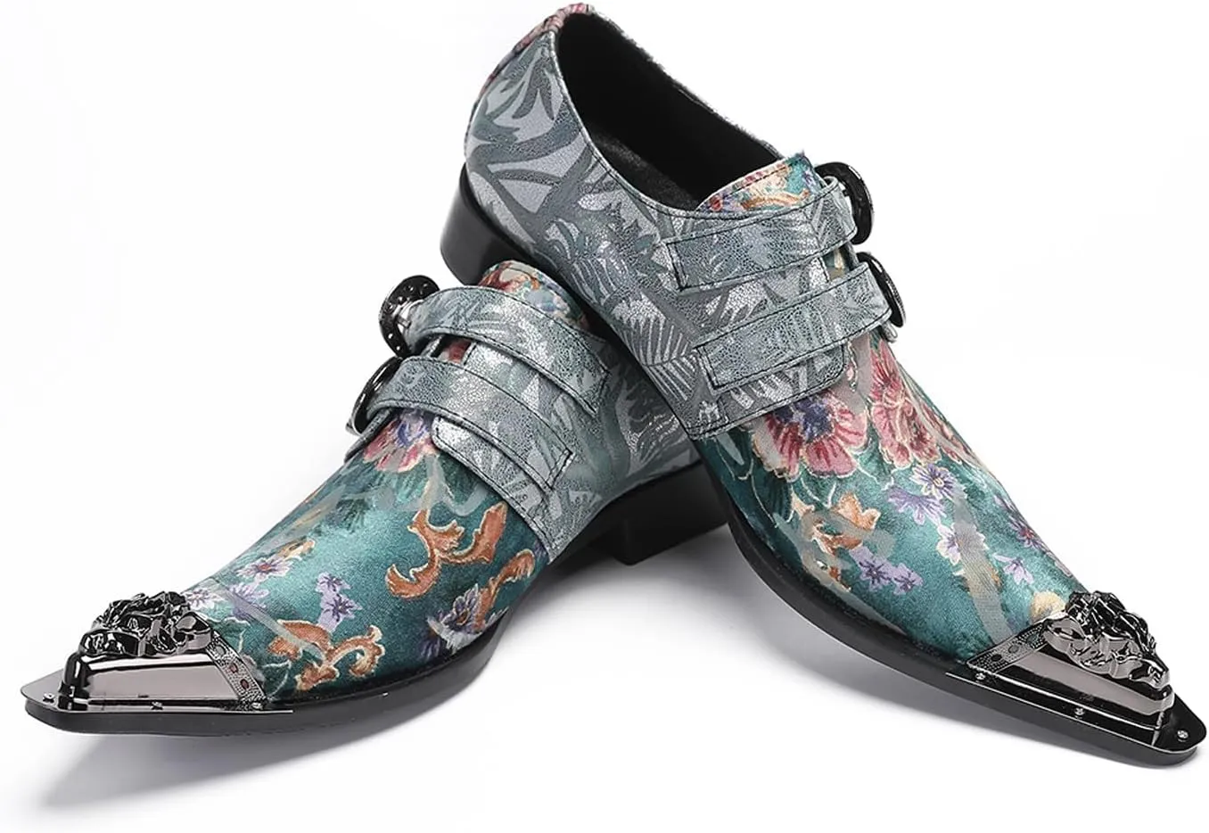 Santimon Men's Metal Tip Toe Loafers-Stylish Mens Dress Slip-Ons for Wedding, Party, Prom-Leather Casual Shoes with Double Buckle and Floral