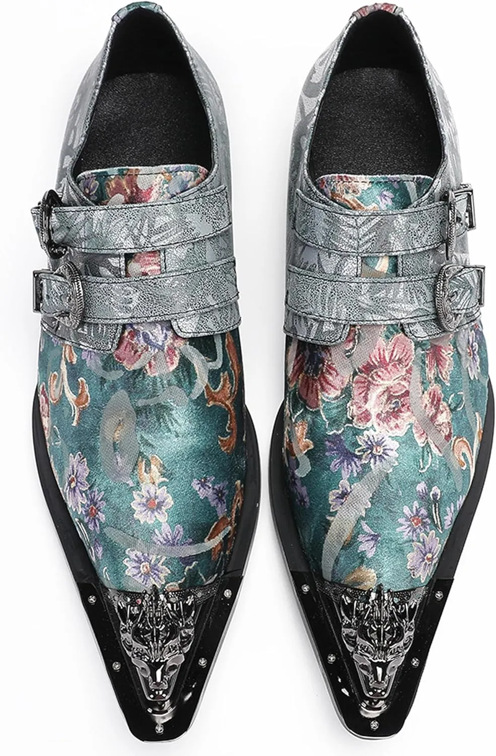 Santimon Men's Metal Tip Toe Loafers-Stylish Mens Dress Slip-Ons for Wedding, Party, Prom-Leather Casual Shoes with Double Buckle and Floral