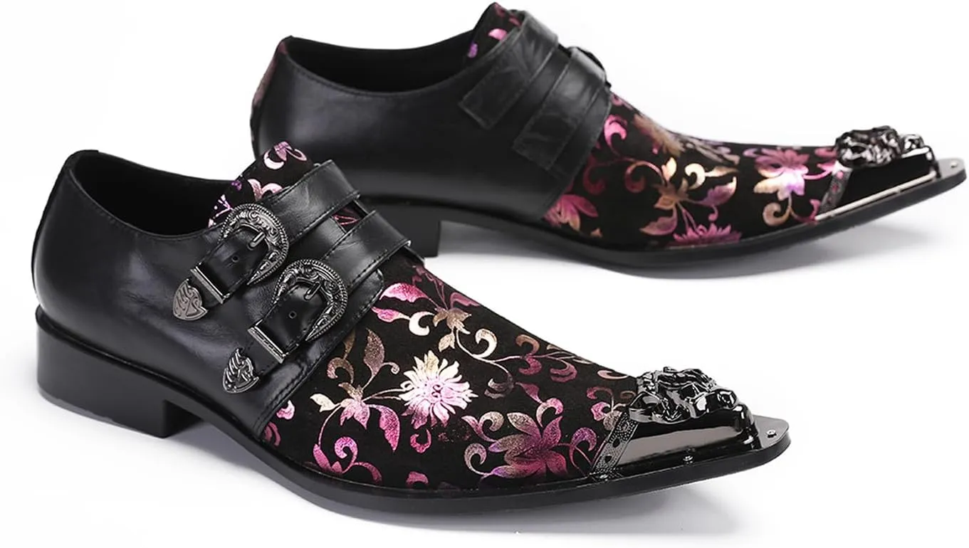 Santimon Men's Metal Tip Toe Loafers-Stylish Mens Dress Slip-Ons for Wedding, Party, Prom-Leather Casual Shoes with Double Buckle and Floral