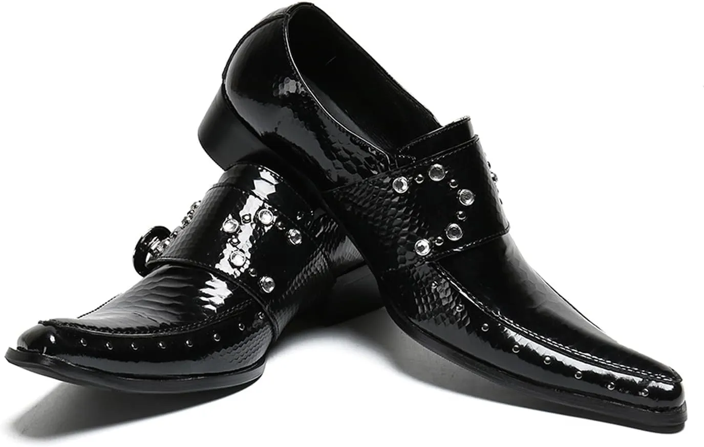 Santimon Men's Patent Leather Dress Shoes with Buckle, Pointed Toe, and Rivet Accents – Elegant Casual Loafers for Office, Weddings, Parties & Bar