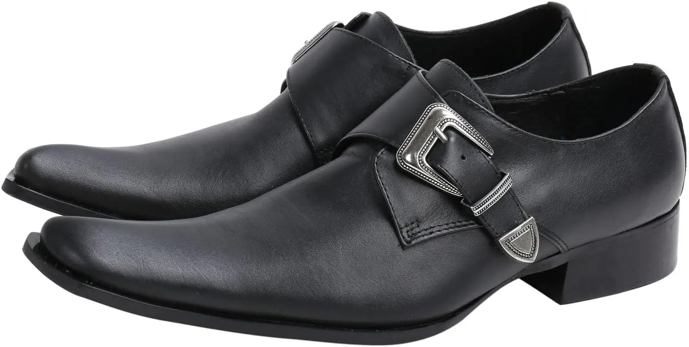 Santimon Men's Patent Leather Dress Shoes with Buckle, Pointed Toe, and Rivet Accents – Elegant Casual Loafers for Office, Weddings, Parties & Bar
