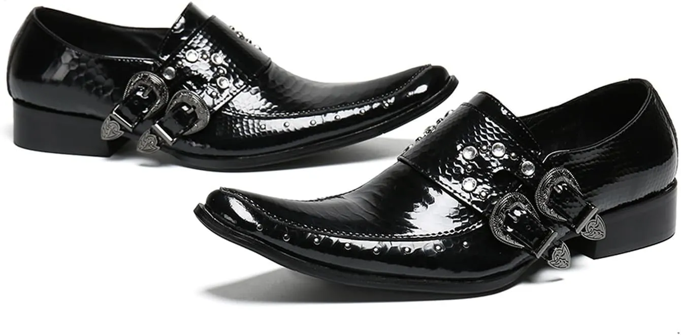Santimon Men's Patent Leather Dress Shoes with Buckle, Pointed Toe, and Rivet Accents – Elegant Casual Loafers for Office, Weddings, Parties & Bar