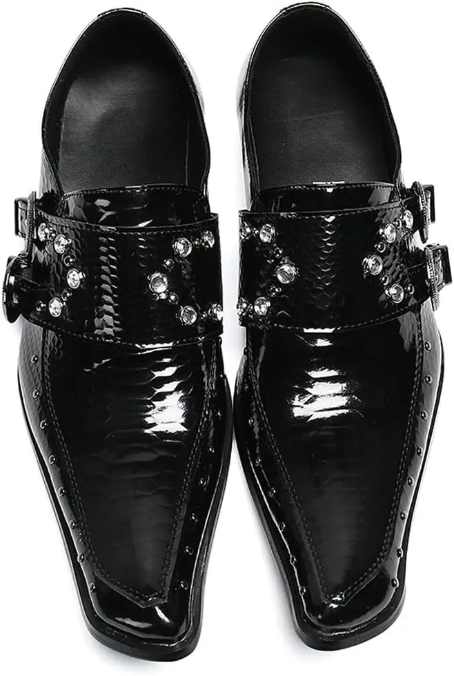 Santimon Men's Patent Leather Dress Shoes with Buckle, Pointed Toe, and Rivet Accents – Elegant Casual Loafers for Office, Weddings, Parties & Bar