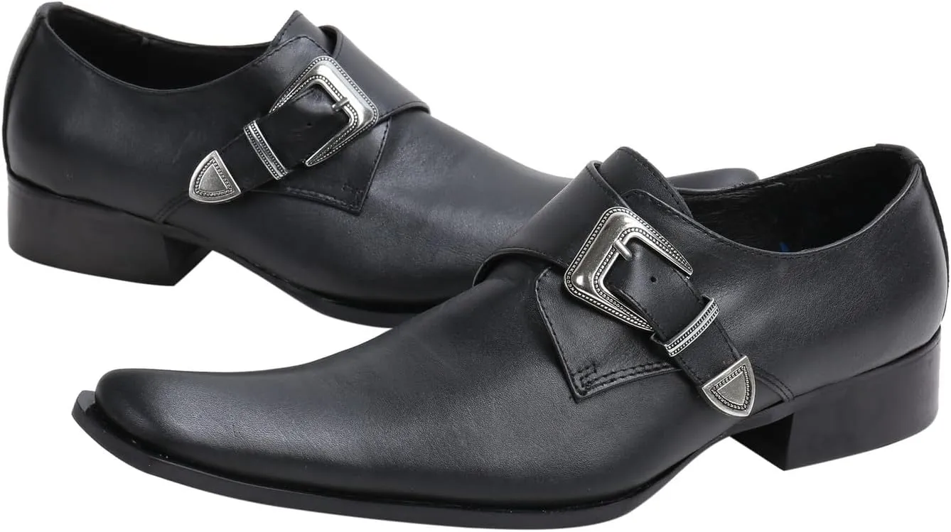 Santimon Men's Patent Leather Dress Shoes with Buckle, Pointed Toe, and Rivet Accents – Elegant Casual Loafers for Office, Weddings, Parties & Bar