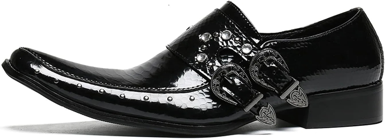 Santimon Men's Patent Leather Dress Shoes with Buckle, Pointed Toe, and Rivet Accents – Elegant Casual Loafers for Office, Weddings, Parties & Bar