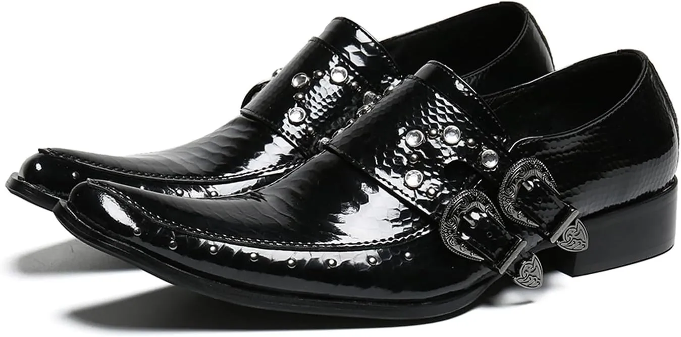 Santimon Men's Patent Leather Dress Shoes with Buckle, Pointed Toe, and Rivet Accents – Elegant Casual Loafers for Office, Weddings, Parties & Bar