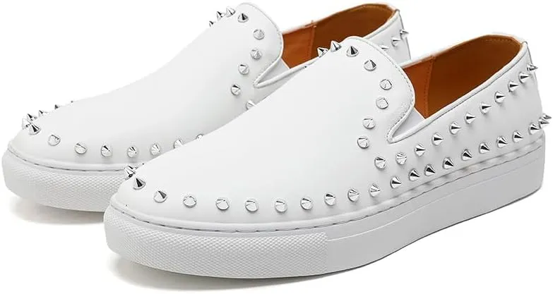 Santimon Men's Studded Faux Leather Slip-On Loafers, Gold and White, Casual Dress Shoes