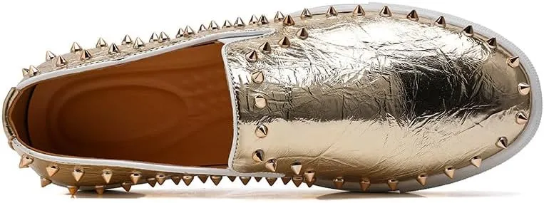 Santimon Men's Studded Faux Leather Slip-On Loafers, Gold and White, Casual Dress Shoes