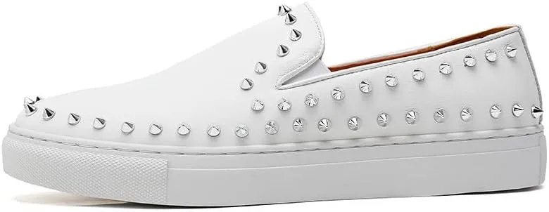 Santimon Men's Studded Faux Leather Slip-On Loafers, Gold and White, Casual Dress Shoes
