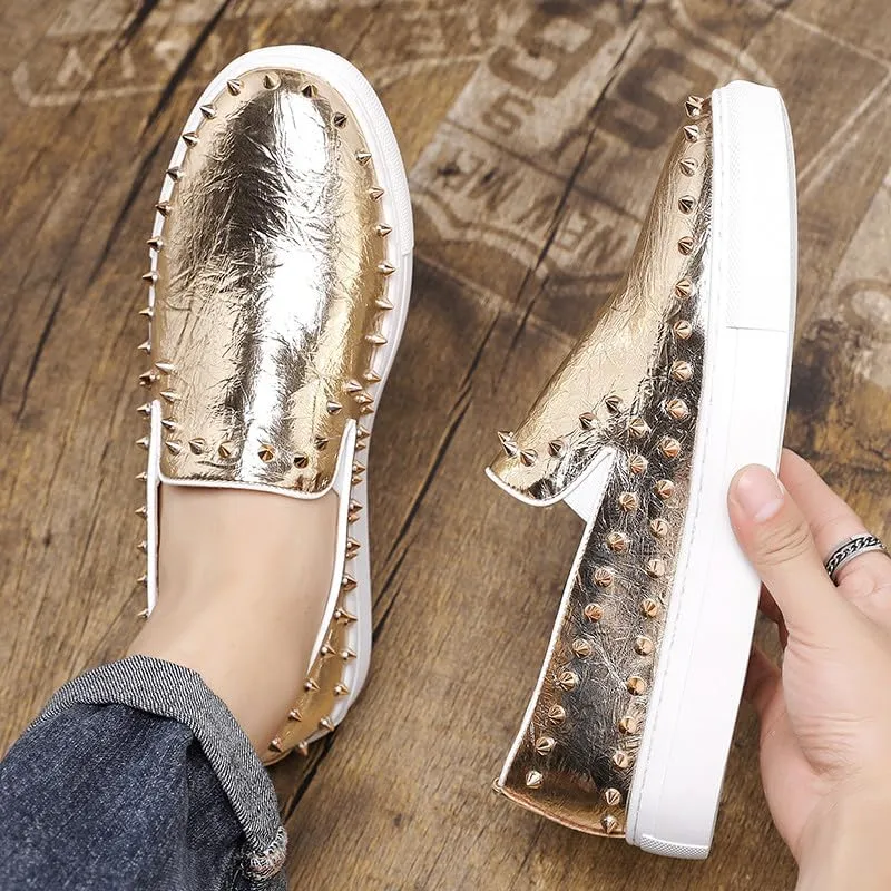 Santimon Men's Studded Faux Leather Slip-On Loafers, Gold and White, Casual Dress Shoes