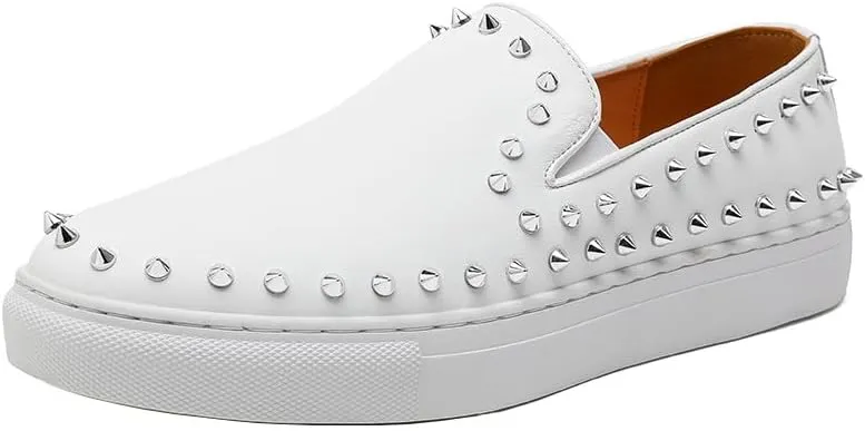 Santimon Men's Studded Faux Leather Slip-On Loafers, Gold and White, Casual Dress Shoes