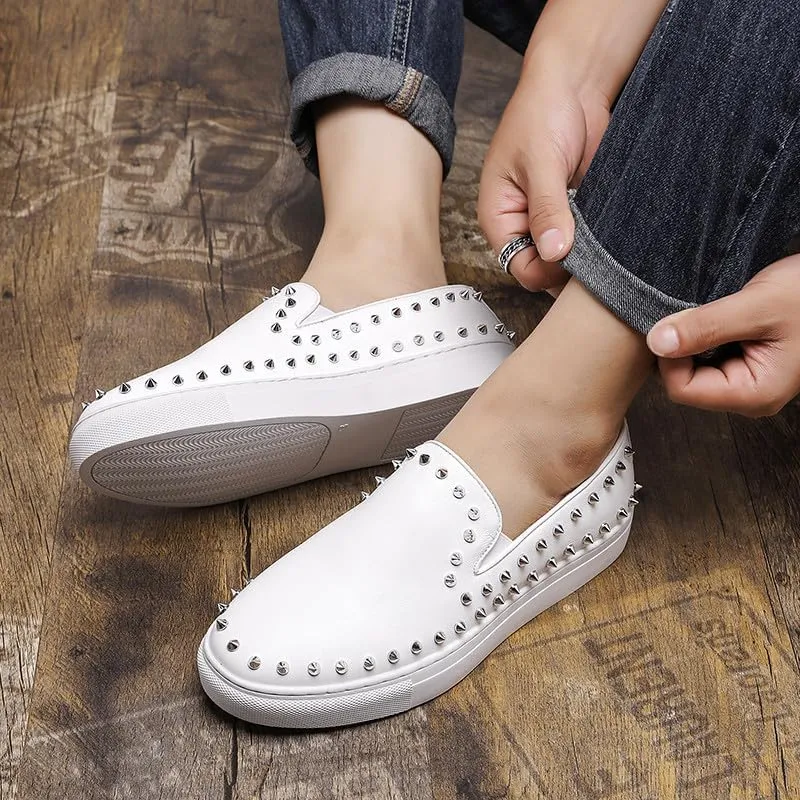 Santimon Men's Studded Faux Leather Slip-On Loafers, Gold and White, Casual Dress Shoes