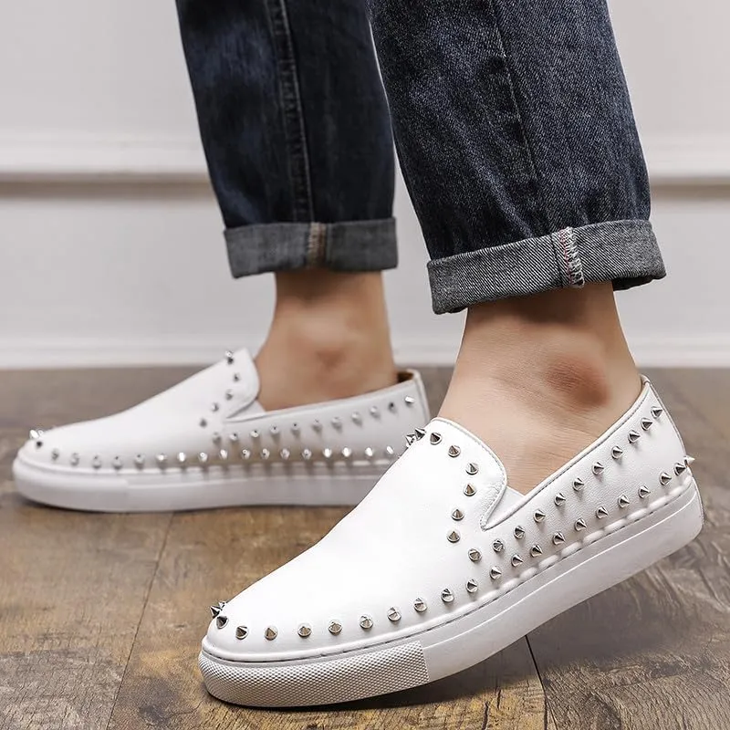 Santimon Men's Studded Faux Leather Slip-On Loafers, Gold and White, Casual Dress Shoes