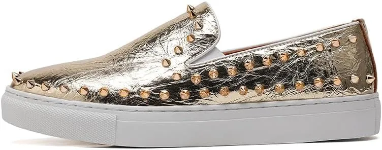 Santimon Men's Studded Faux Leather Slip-On Loafers, Gold and White, Casual Dress Shoes