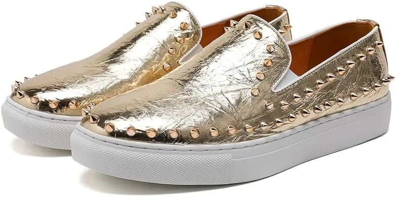 Santimon Men's Studded Faux Leather Slip-On Loafers, Gold and White, Casual Dress Shoes