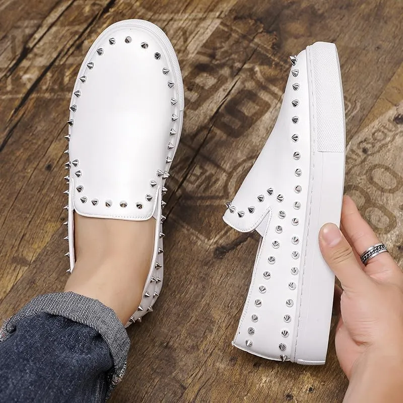 Santimon Men's Studded Faux Leather Slip-On Loafers, Gold and White, Casual Dress Shoes