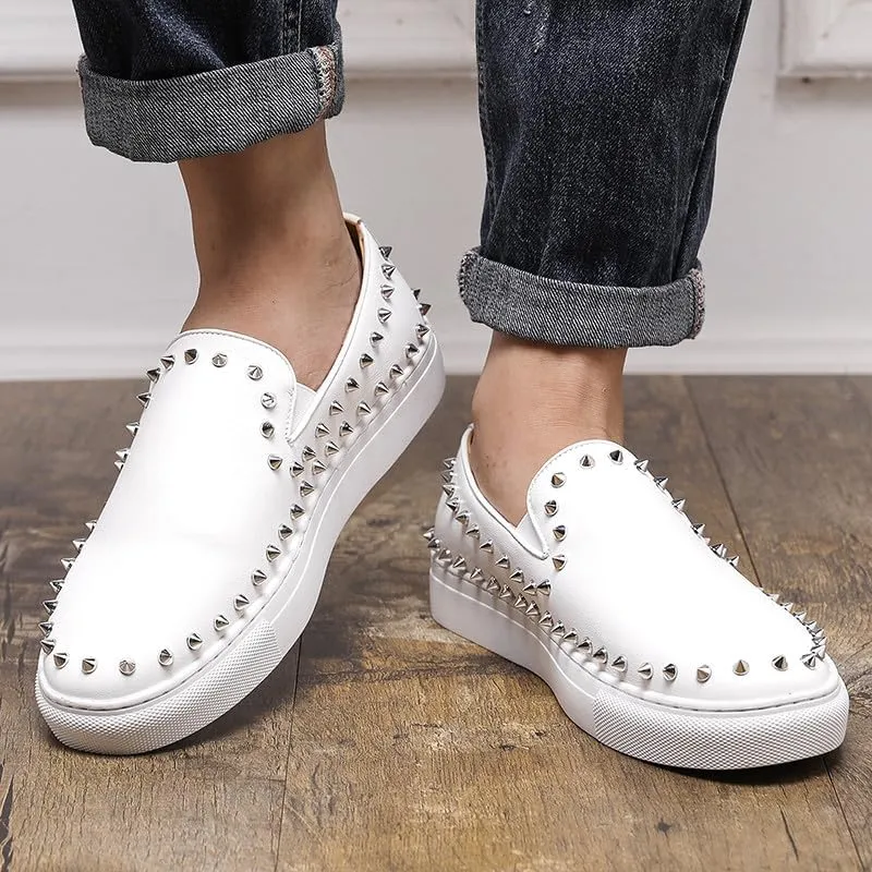 Santimon Men's Studded Faux Leather Slip-On Loafers, Gold and White, Casual Dress Shoes