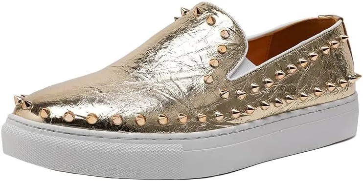 Santimon Men's Studded Faux Leather Slip-On Loafers, Gold and White, Casual Dress Shoes