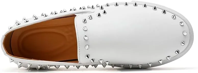 Santimon Men's Studded Faux Leather Slip-On Loafers, Gold and White, Casual Dress Shoes