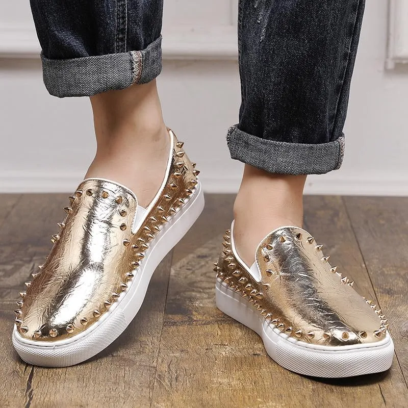 Santimon Men's Studded Faux Leather Slip-On Loafers, Gold and White, Casual Dress Shoes