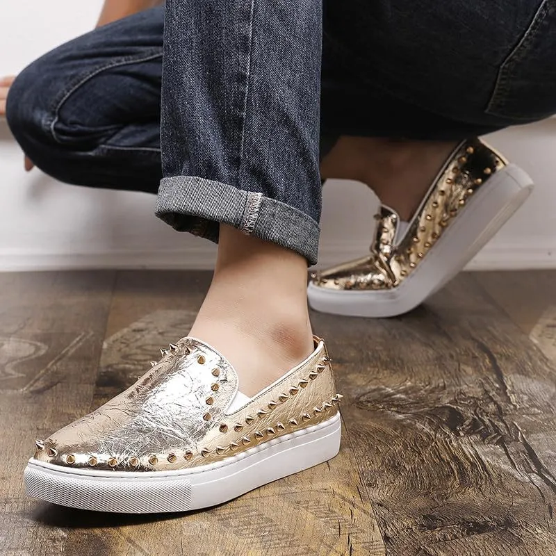Santimon Men's Studded Faux Leather Slip-On Loafers, Gold and White, Casual Dress Shoes