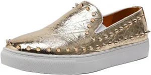 Santimon Men's Studded Faux Leather Slip-On Loafers, Gold and White, Casual Dress Shoes