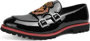 Santimon Unisex Platform Loafers Lug Sole Pattern Leather American Classics Embroidery Monk Shoes