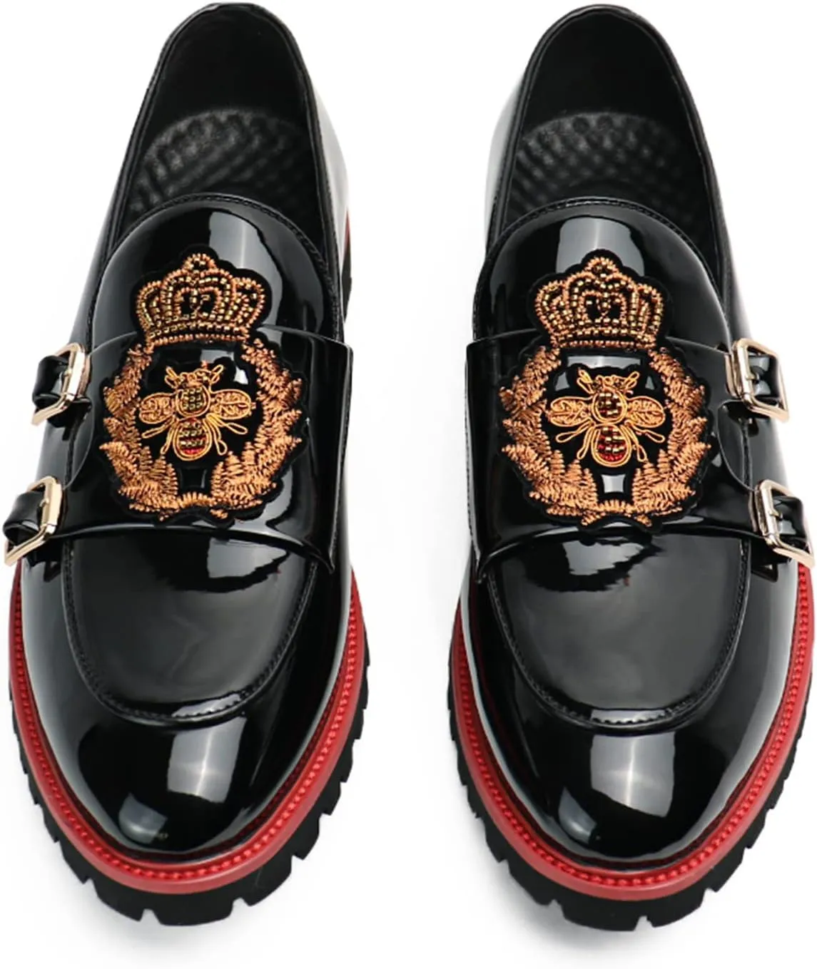 Santimon Unisex Platform Loafers Lug Sole Pattern Leather American Classics Embroidery Monk Shoes
