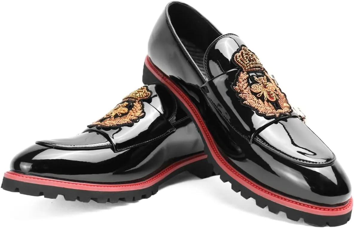 Santimon Unisex Platform Loafers Lug Sole Pattern Leather American Classics Embroidery Monk Shoes