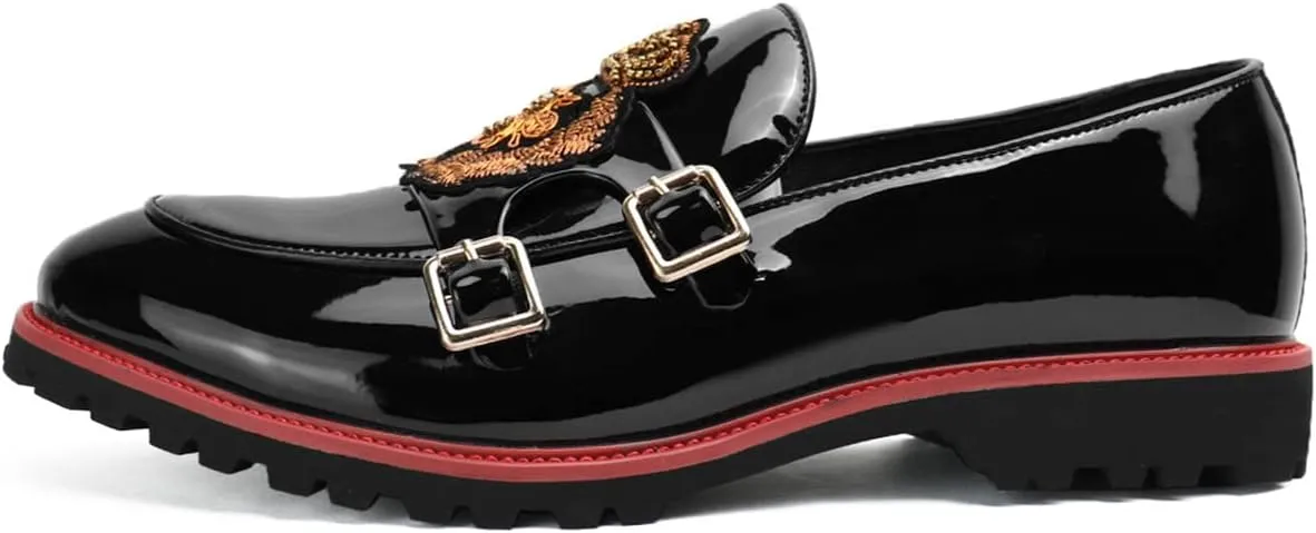 Santimon Unisex Platform Loafers Lug Sole Pattern Leather American Classics Embroidery Monk Shoes