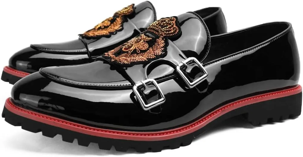 Santimon Unisex Platform Loafers Lug Sole Pattern Leather American Classics Embroidery Monk Shoes