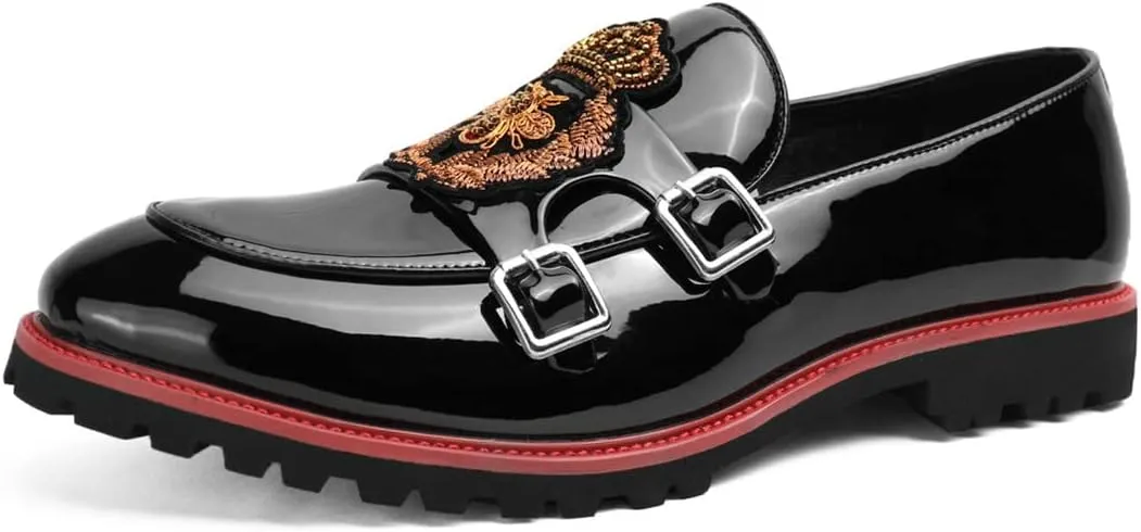 Santimon Unisex Platform Loafers Lug Sole Pattern Leather American Classics Embroidery Monk Shoes